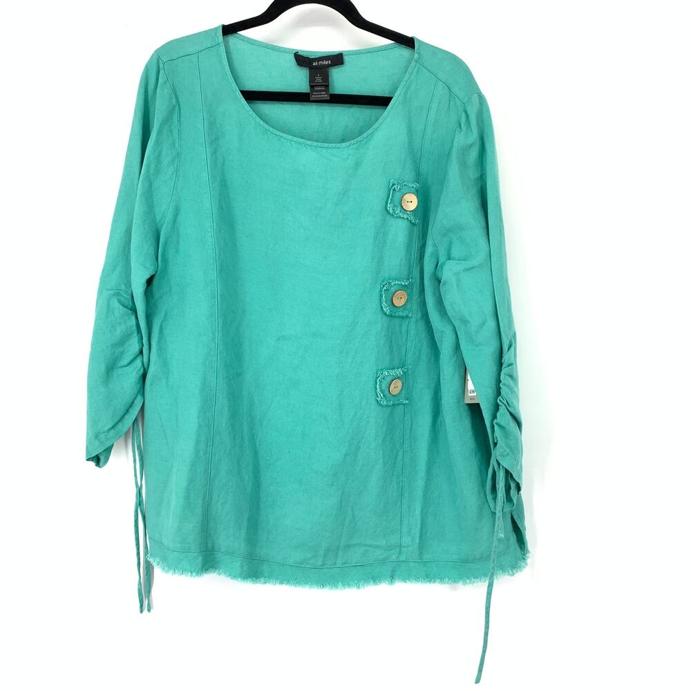 Ali Miles Shirt Womens Large Green Slub Texture Fringed Hem Ruched Tie Sleeves